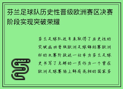 芬兰足球队历史性晋级欧洲赛区决赛阶段实现突破荣耀