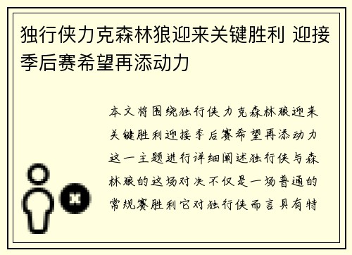 独行侠力克森林狼迎来关键胜利 迎接季后赛希望再添动力