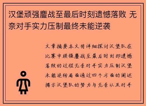 汉堡顽强鏖战至最后时刻遗憾落败 无奈对手实力压制最终未能逆袭