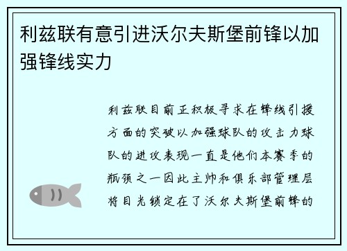 利兹联有意引进沃尔夫斯堡前锋以加强锋线实力